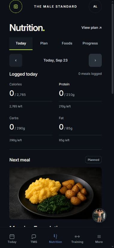 Nutrition in the approved TMS app, with example data